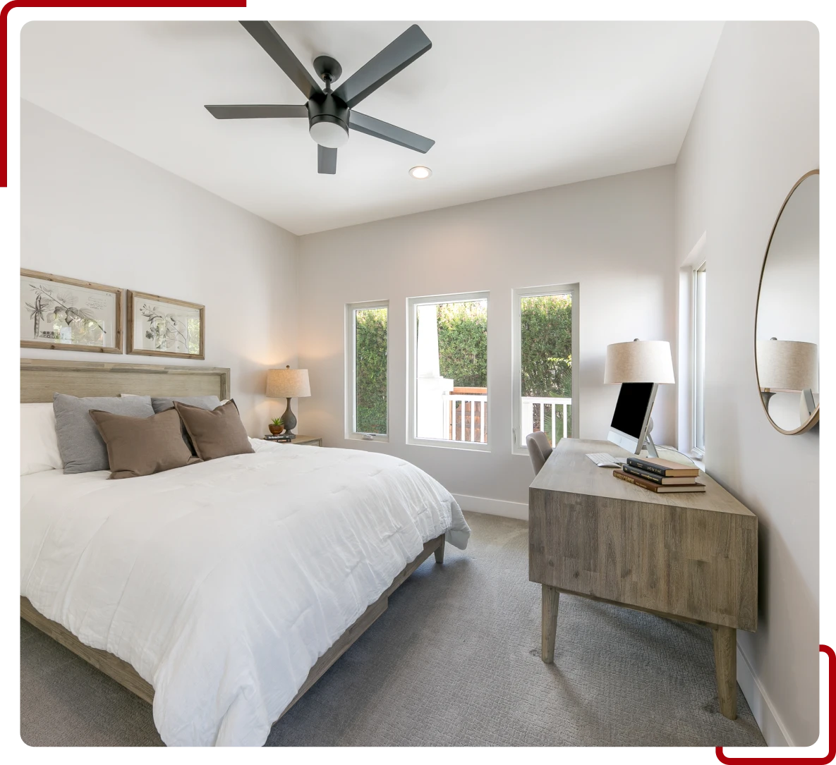 Cozy bedroom with desk and lamp